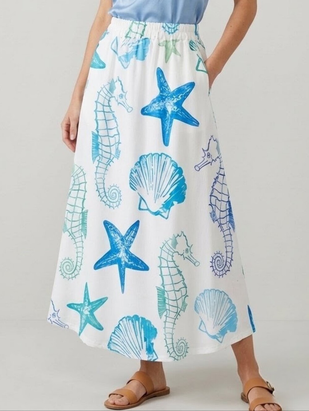 Coastal Sea Life Maxi Skirt Blue Starfish Seahorse Elastic Waist Pockets - Small